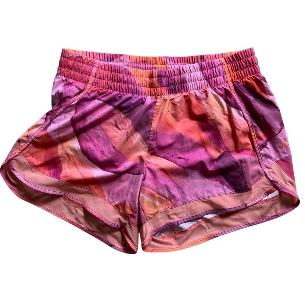 Athleta Women Medium Pink Orange Zip Pocket Printed Mesh Racer 4” Run Short